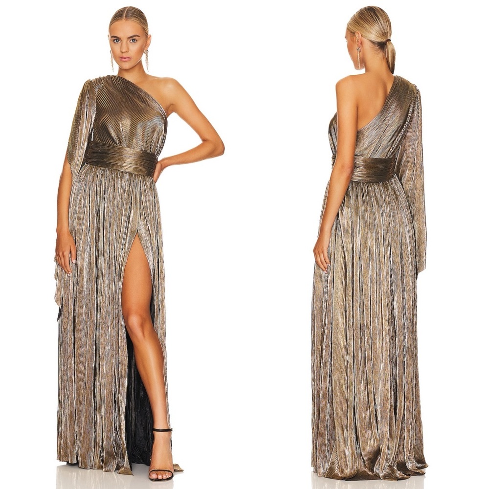 COPY - BRONX & BANCO Florence One Shoulder Plisse Maxi Dress in Gold Sz 2 US